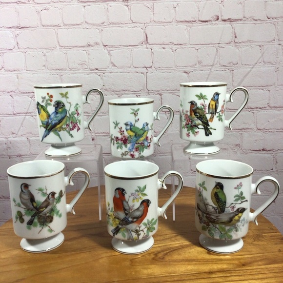 Vintage Other - Vintage Royal Crown Songbirds Porcelain Footed Mugs - Set of 6